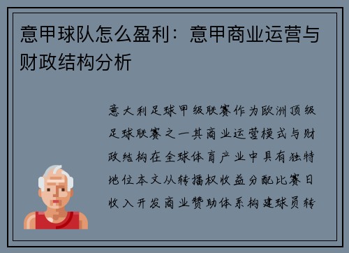 意甲球队怎么盈利：意甲商业运营与财政结构分析