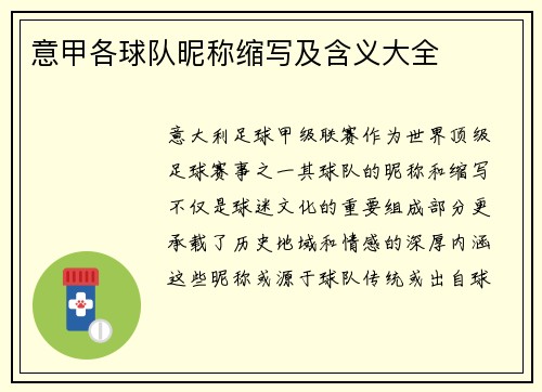 意甲各球队昵称缩写及含义大全