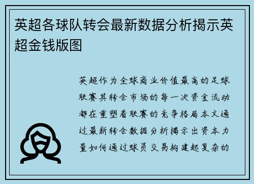 英超各球队转会最新数据分析揭示英超金钱版图