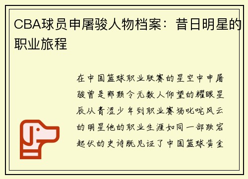 CBA球员申屠骏人物档案：昔日明星的职业旅程