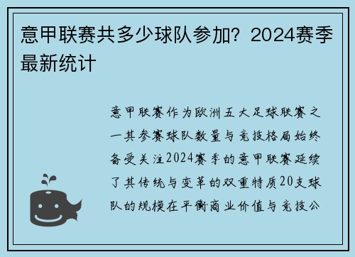 意甲联赛共多少球队参加？2024赛季最新统计