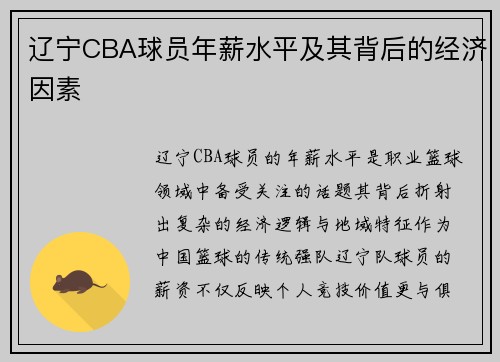 辽宁CBA球员年薪水平及其背后的经济因素